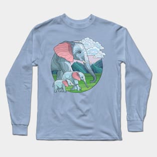 Serenity of the Savanna: Stained Glass Style Circle Design T-Shirt with Elephant and Calves Long Sleeve T-Shirt